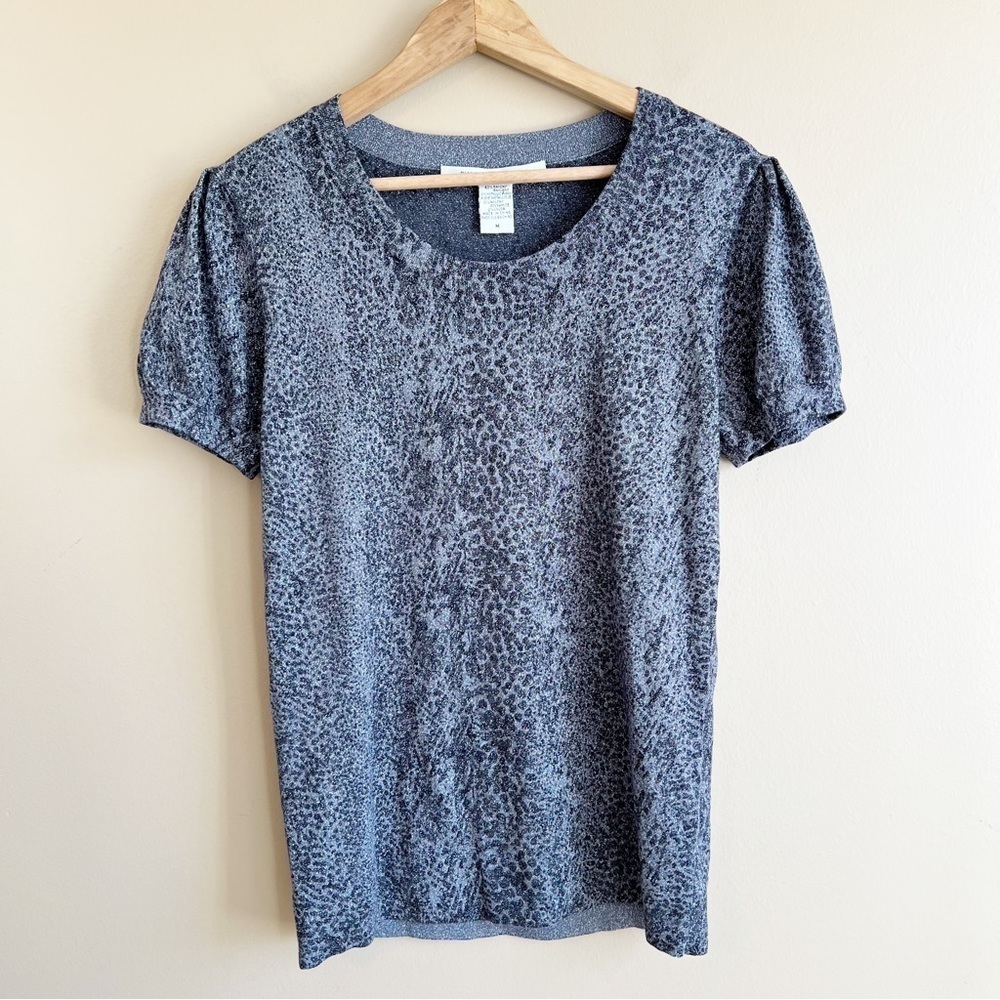 DIANE VON FURSTENBERG silver metallic animal print sweater puff sleeve size MED